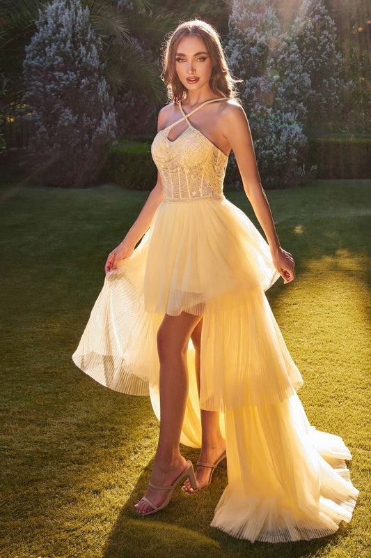 High Low Halter Beaded Ball Gown - Uniquely Yours-Clothing Store