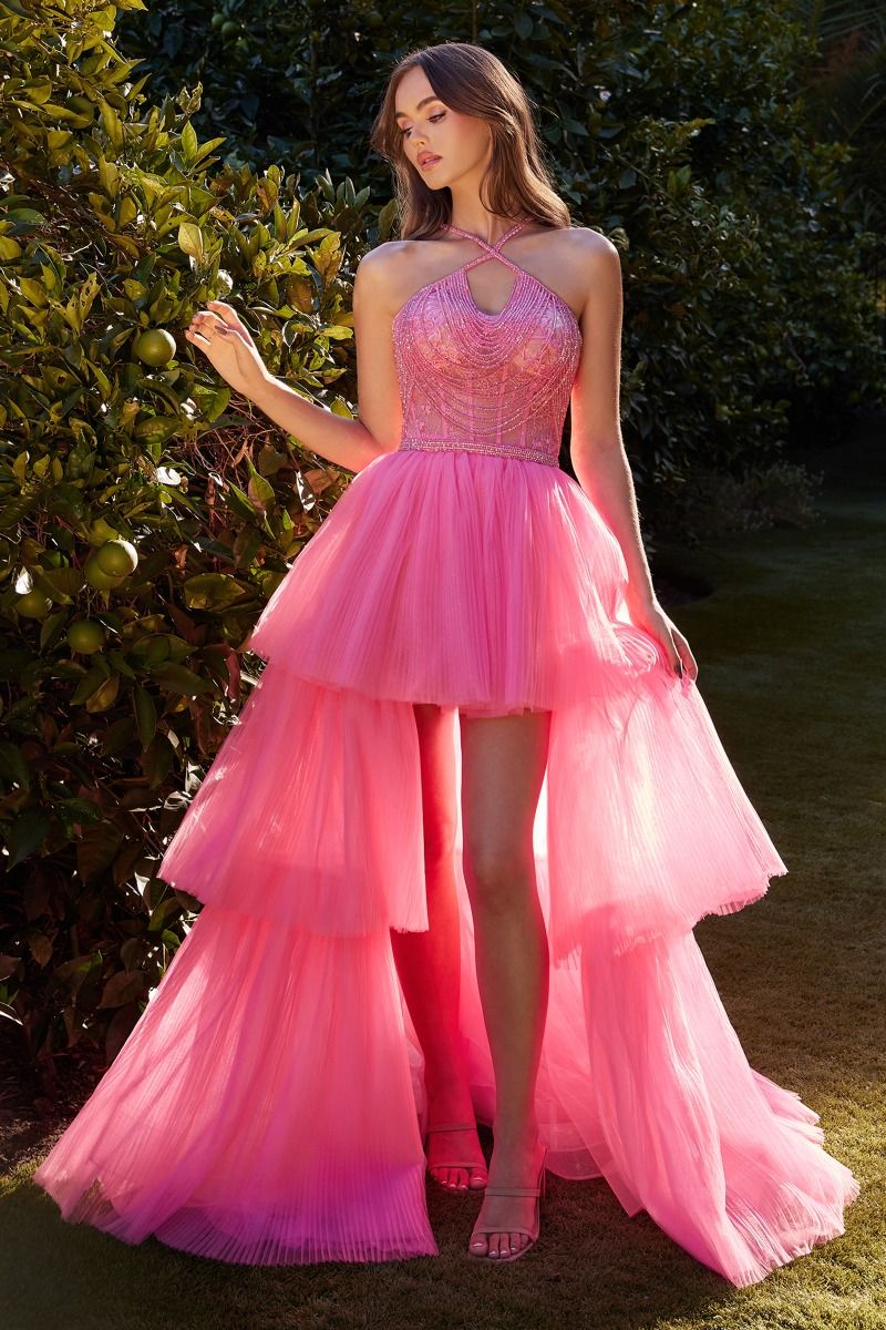High Low Halter Beaded Ball Gown - Uniquely Yours-Clothing Store